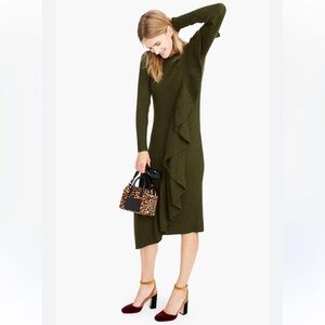 J. CREW COLLECTION SMALL RUFFLE FRONT GREEN OLIVE MIDI DRESS RIBBED WOOL STRETCH